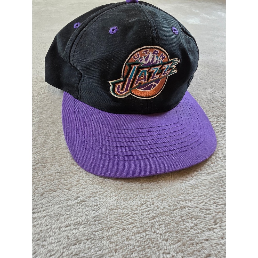 Vintage Utah Jazz Snapback Hat Cap Black Purple Logo 7 NBA OSFA *Read